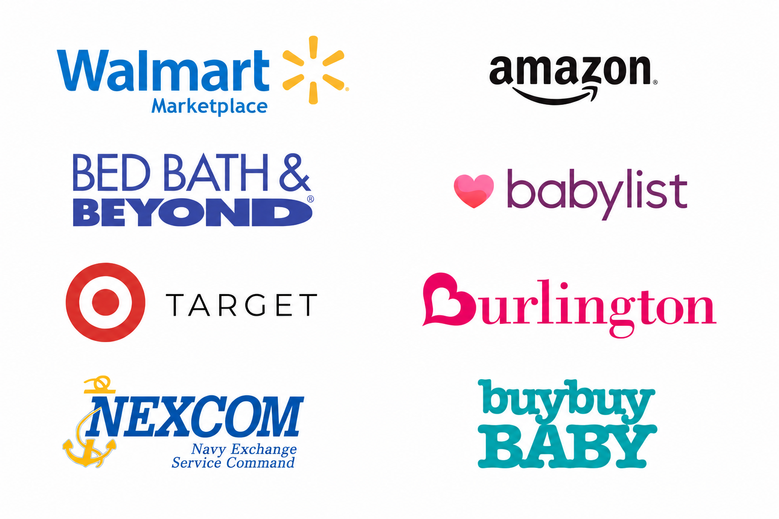Platforms we manage: Walmart Marketplace, Amazon, Bed Bath & Beyond, Babylist, Target, Burlington, NEXCOM, buybuy Baby